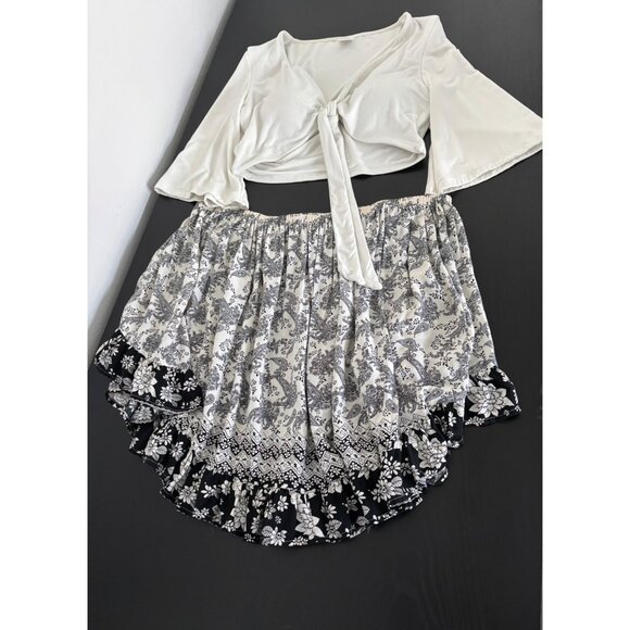 Ruffle Hem Skirt Large Black White Floral Paisley Boho Cottagecore Festival - Picture 2 of 13